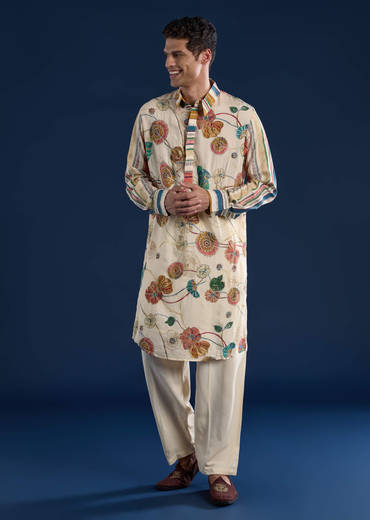 Beige Kalamkari Print Mens Kurta and Pant Set