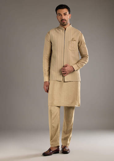 Beige Kurta Jacket Set For Men With Beads And Resham Work