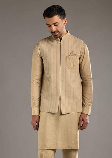 Beige Kurta Jacket Set For Men With Beads And Resham Work