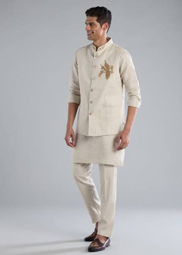 Beige Kurta Jacket Set With Zardosi Hand Work