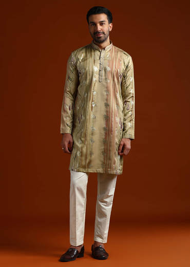 Beige Kurta Set For Men With Ethnic Motif Work