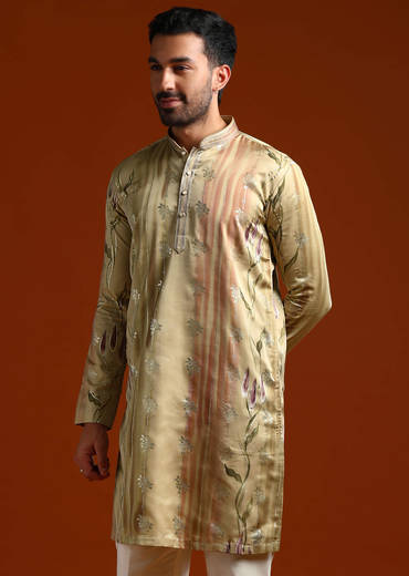 Beige Kurta Set For Men With Ethnic Motif Work
