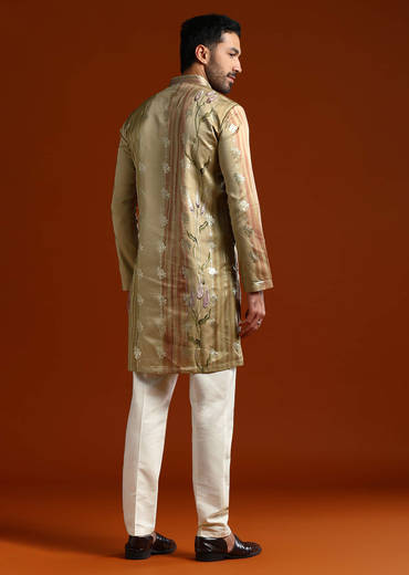 Beige Kurta Set For Men With Ethnic Motif Work