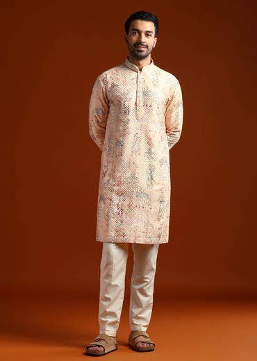 Beige Kurta Set For Men With Print And Sequins Embroidery
