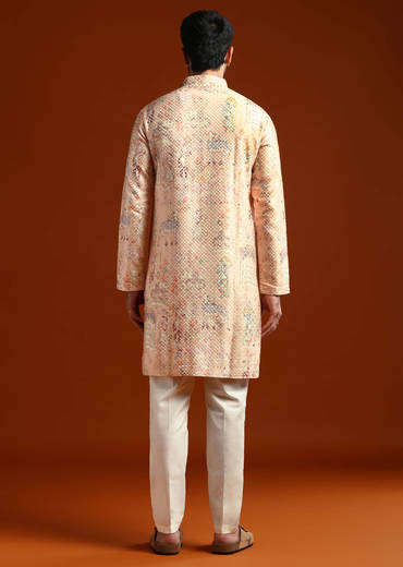 Beige Kurta Set For Men With Print And Sequins Embroidery