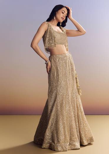 Beige Lehenga Set With Jacket And Cut Dana Embroidery