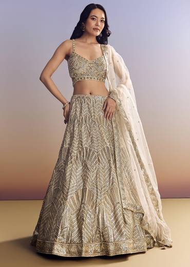 Beige Lehenga Set With Sequins Cut Dana Work
