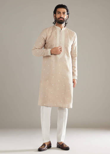 Beige Linen Kurta Set For Men With Resham Hand Work