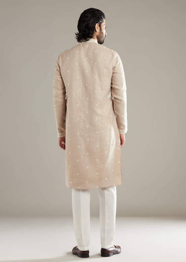 Beige Linen Kurta Set For Men With Resham Hand Work