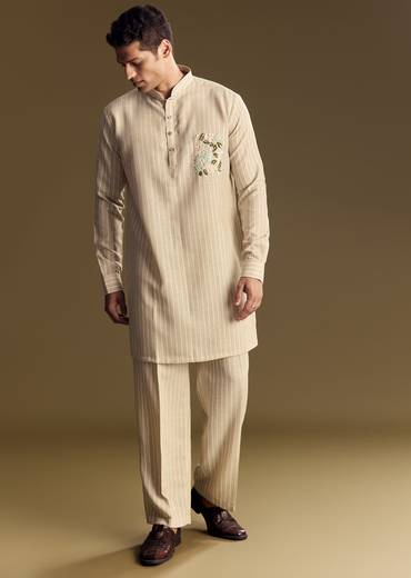 Beige Linen Kurta Set With Delicate Hand Embroidery
