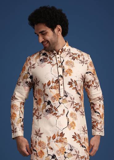 Beige Linen Printed Kurta Set With Leaf Motifs