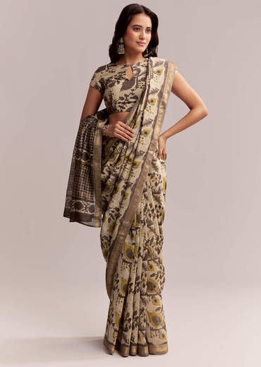 Beige Linen Printed Saree With Hand Block Ajrakh Print