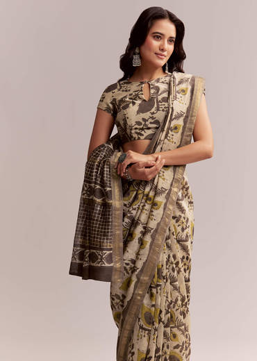 Beige Linen Printed Saree With Hand Block Ajrakh Print