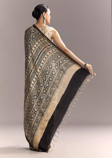 Beige Linen Saree With Black Hand Block Ajrakh Floral Print