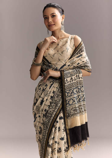 Beige Linen Saree With Black Hand Block Ajrakh Floral Print