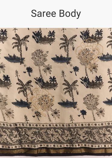Beige Linen Saree With Black Hand Block Ajrakh Floral Print