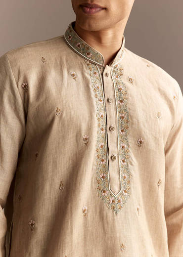 Beige Linen Threadwork Kurta Set