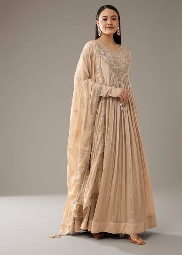 Beige Mirror Embellished Anarkali with Dupatta