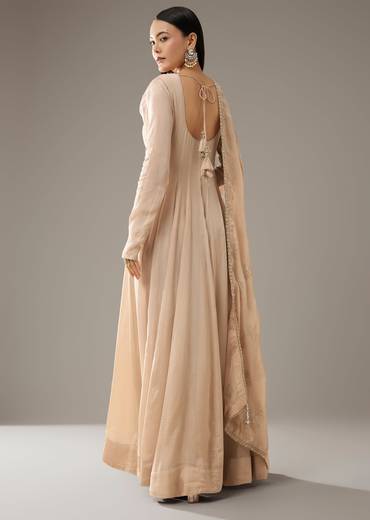 Beige Mirror Embellished Anarkali with Dupatta