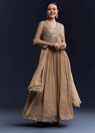 Beige Mirror Work Chinnon Anarkali with Dupatta