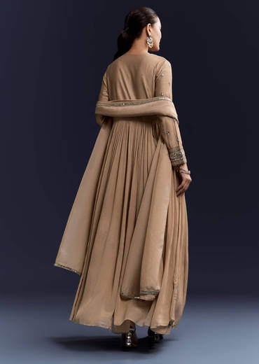 Beige Mirror Work Chinnon Anarkali with Dupatta