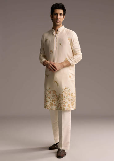 Beige Modal Printed Kurta Set For Men