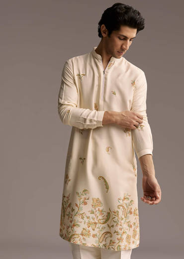 Beige Modal Printed Kurta Set For Men