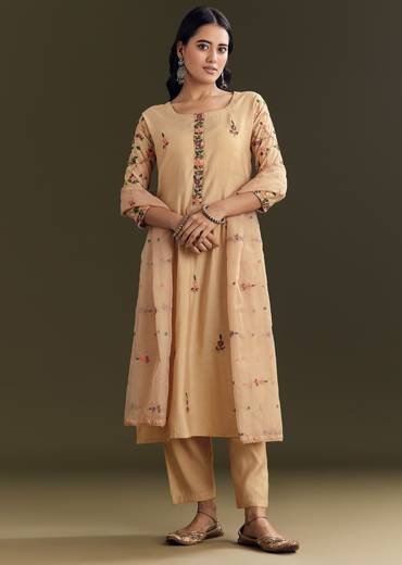 Beige Modal Threadwork Kurta Pant Set With Hand Painting
