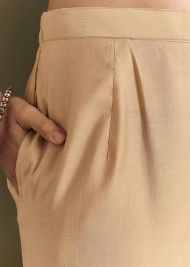 Beige Modal Threadwork Kurta Pant Set With Hand Painting