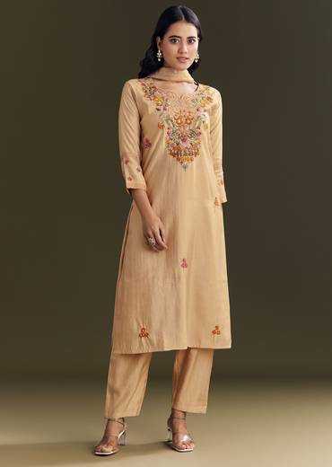Beige Modal Threadwork Kurta Pant With Resham Organza Dupatta