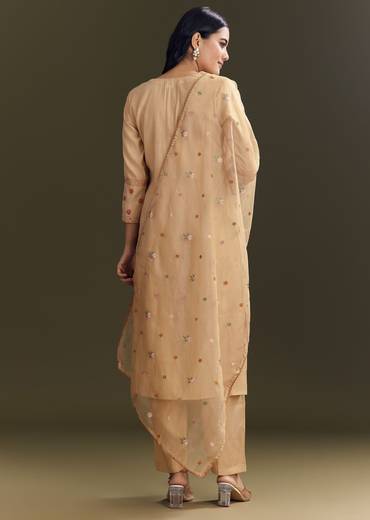 Beige Modal Threadwork Kurta Pant With Resham Organza Dupatta