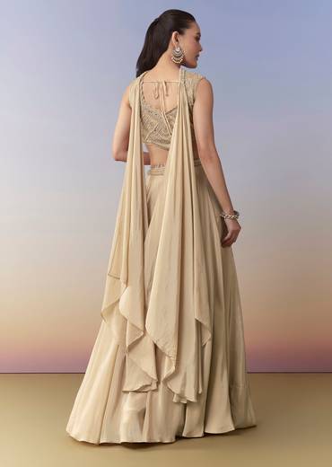 Beige Moti Work Crop Top Palazzo and Dupatta Set