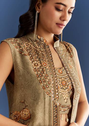 Beige Muslin Croptop Set With Floral Printed Skirt Jacket