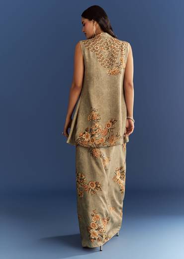 Beige Muslin Croptop Set With Floral Printed Skirt Jacket