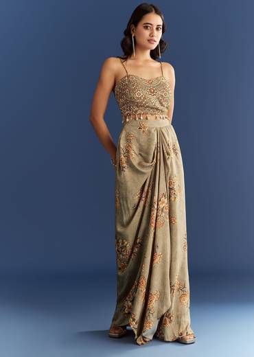 Beige Muslin Croptop Set With Floral Printed Skirt Jacket