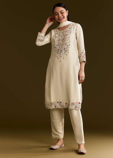 Beige Organza Embroidered Kurta Set With Dupatta