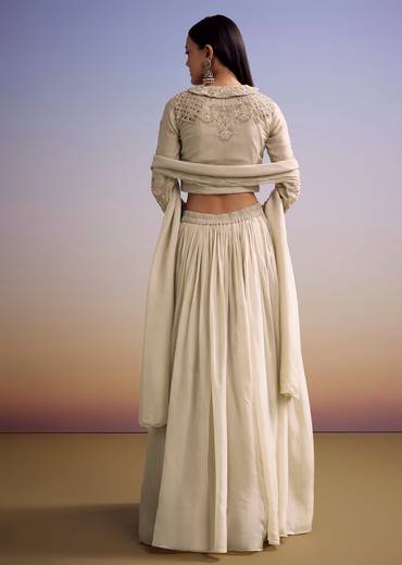 Beige Organza Lehenga Set With Embroidered Choli And Dupatta