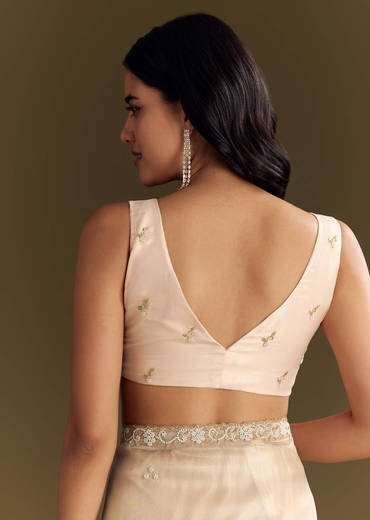 Beige Organza Tissue Saree With Cutdana And Beads Scallop Border