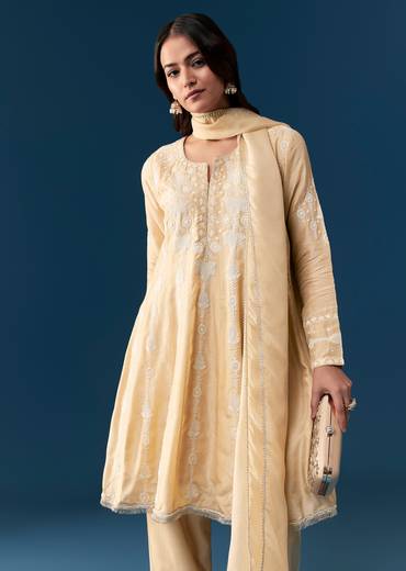 Beige Peplum Pakistani Style Anarkali Suit Thread Work