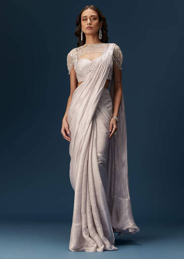 Beige Ready Pleated Saree With Cape And Blouse