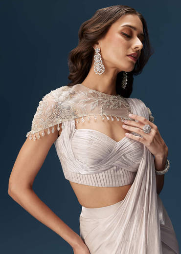 Beige Ready Pleated Saree With Cape And Blouse