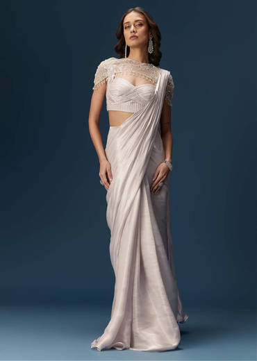 Beige Ready Pleated Saree With Cape And Blouse