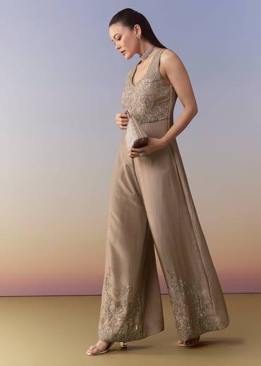 Beige Sequin Embroidered Jumpsuit