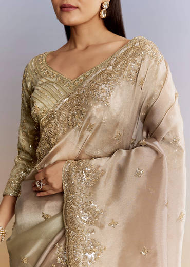 Beige Shaded Tissue Saree With Sequins Beads And Cutdana