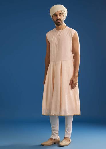 Beige Silk Groom Sherwani Set With Zardosi Work