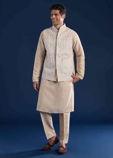 Beige Silk Jacket and Kurta Set with Resham Work