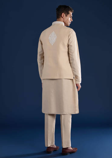 Beige Silk Jacket and Kurta Set with Resham Work