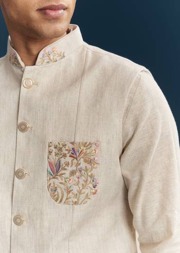 Beige Silk Kurta Jacket With Minimal Thread Detail