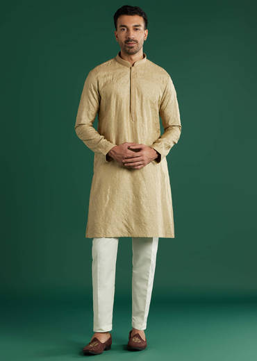 Beige Silk Kurta Set For Men With Subtle Woven Texture