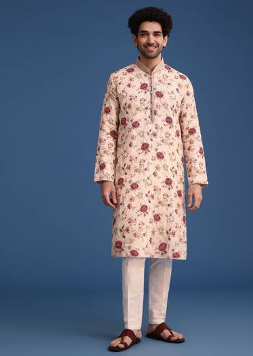 Beige Linen Printed Kurta Set With Floral Motifs